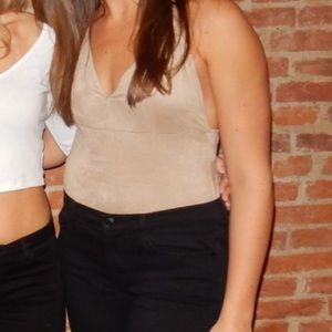 Faux suede body suit with cross back detail